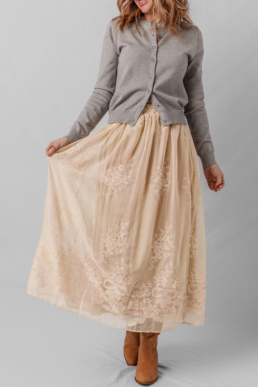 Vivienne Embroidered Mesh Overlay Long Skirt - Threaded Pear