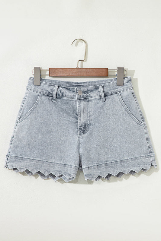 Scalloped Acid Wash High Waist Denim Shorts - Threaded Pear