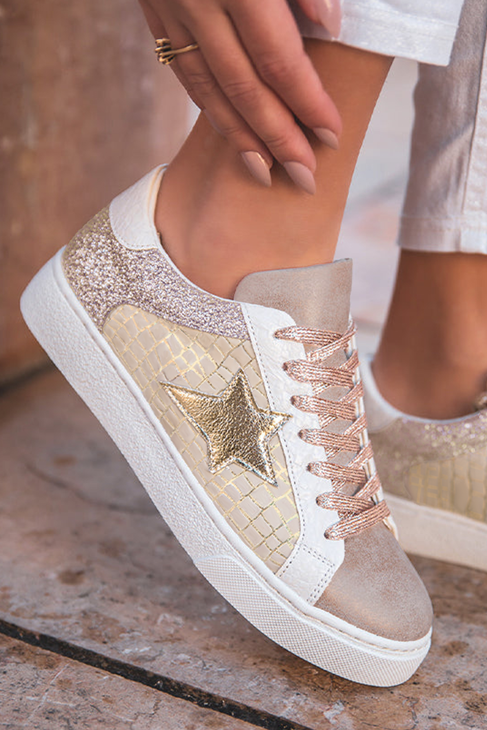 Clare Gold Glitter Star Lace-up Sneakers - Threaded Pear