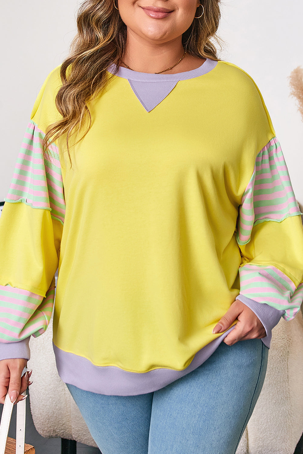 Yellow Striped Color Block Patchwork Crewneck Plus Size Pullover Sweatshirt - Threaded Pear