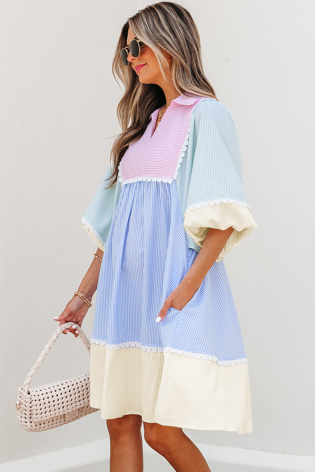 Joelle Striped Ric Rac Puff Sleeve Collared Mini Dress - Threaded Pear