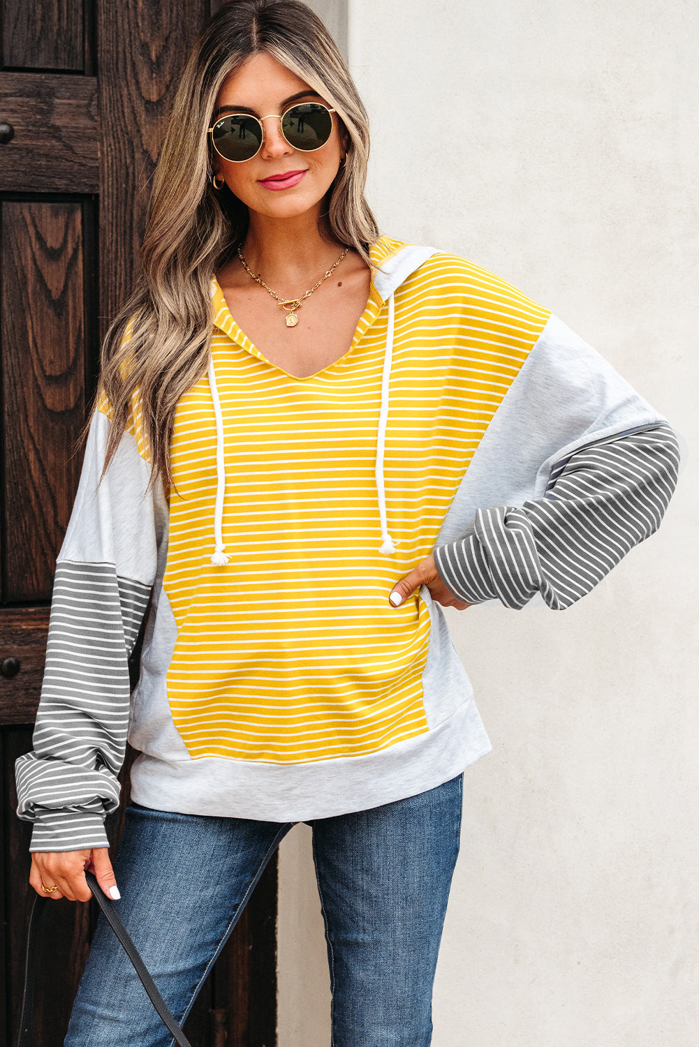 Margot Stripe Drawstring Loose Fit Hooded Top - Threaded Pear