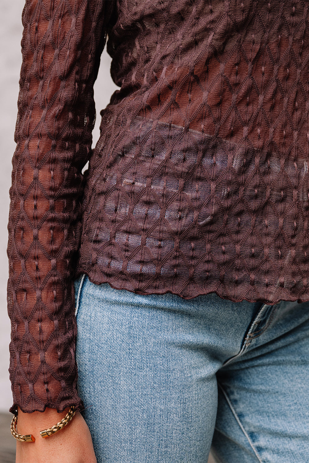 Ruth Sheer Mesh Patterned Lettuce Trim Top - Threaded Pear