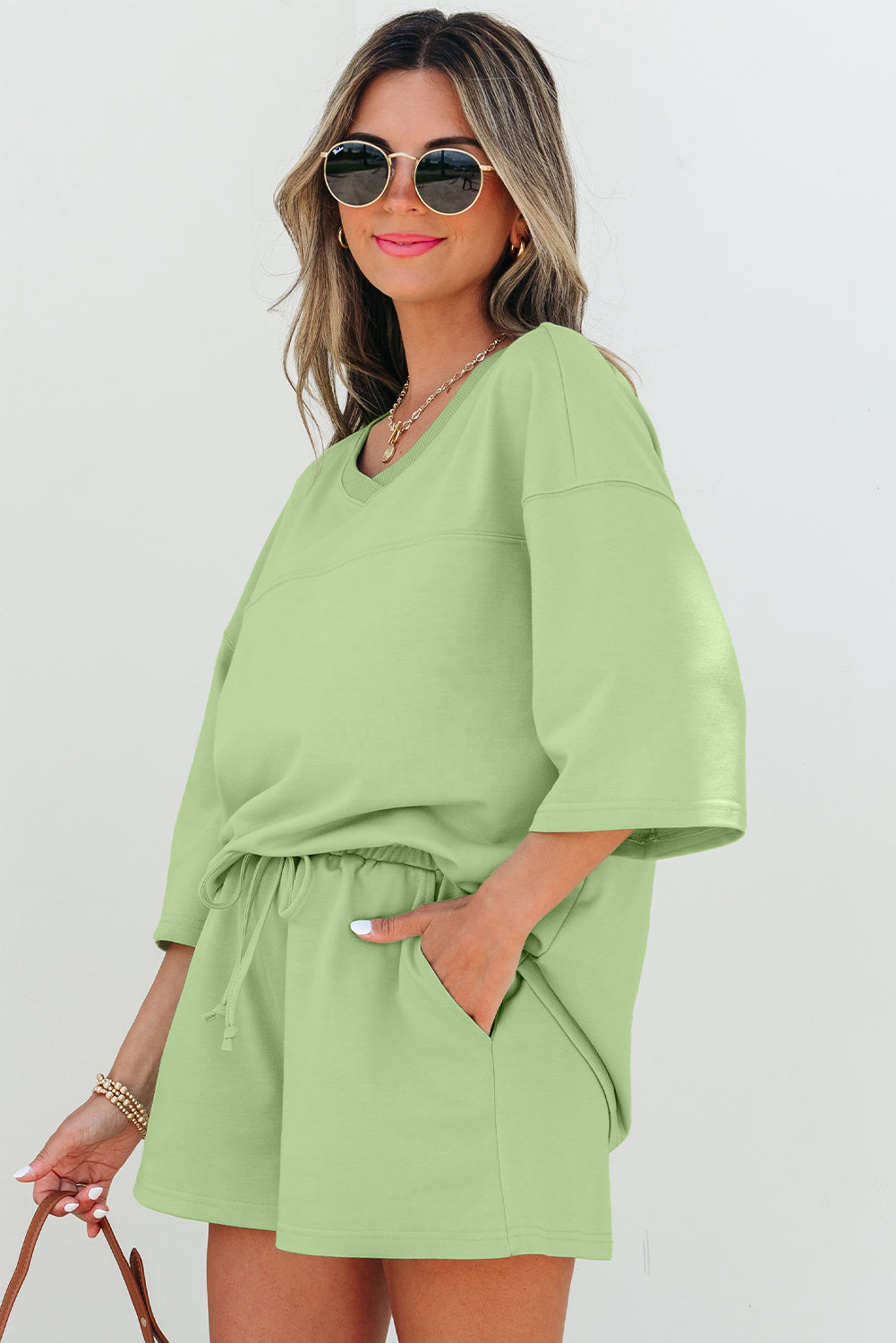 Emmeline Loose V Neck Half Sleeve Tee and Shorts - Threaded Pear