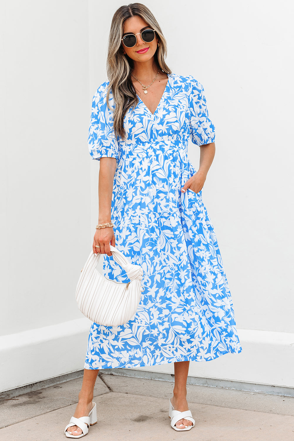 Shannon Floral V Neck Long Dress - Threaded Pear