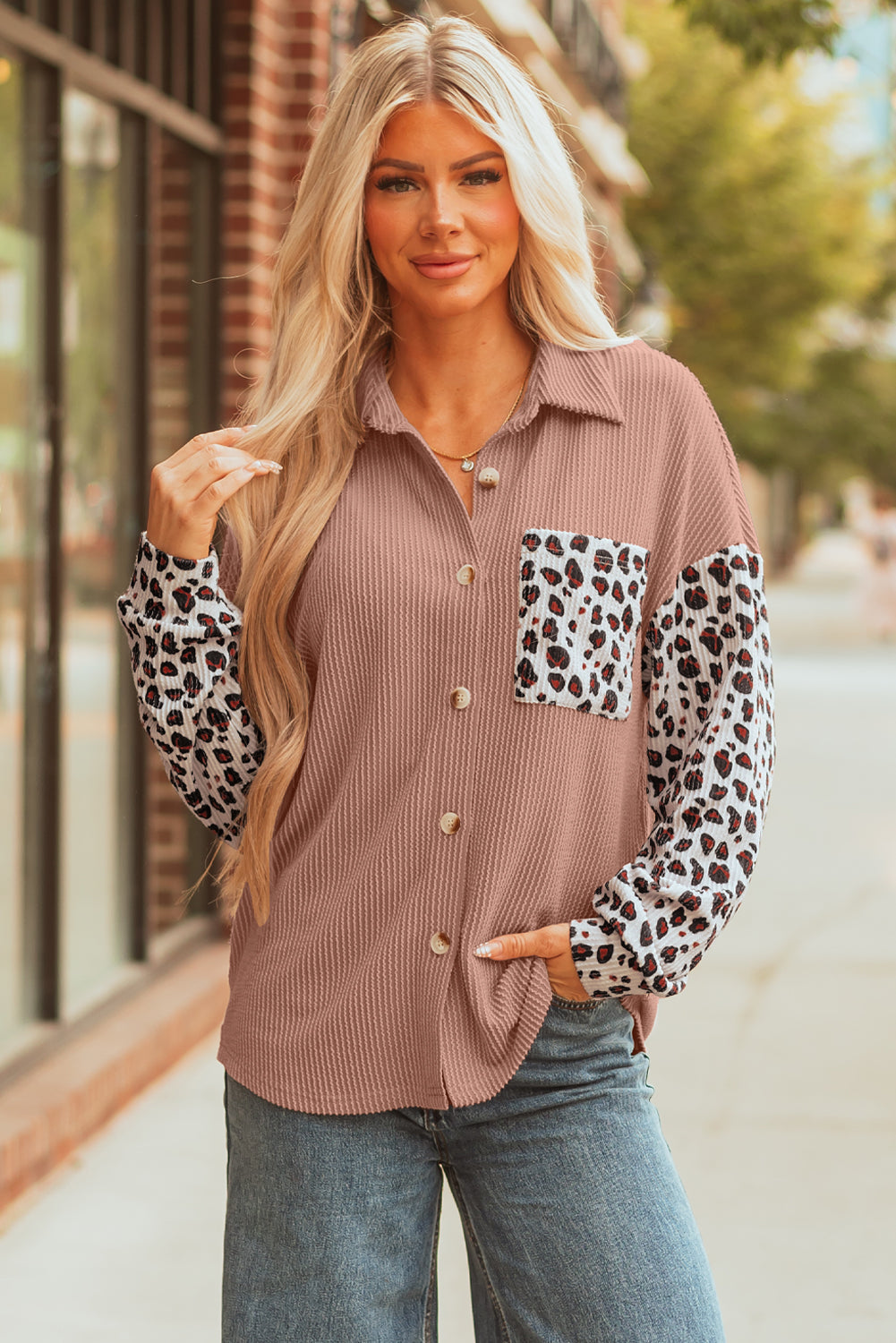 Journee Leopard Ribbed Casual Shacket - Threaded Pear