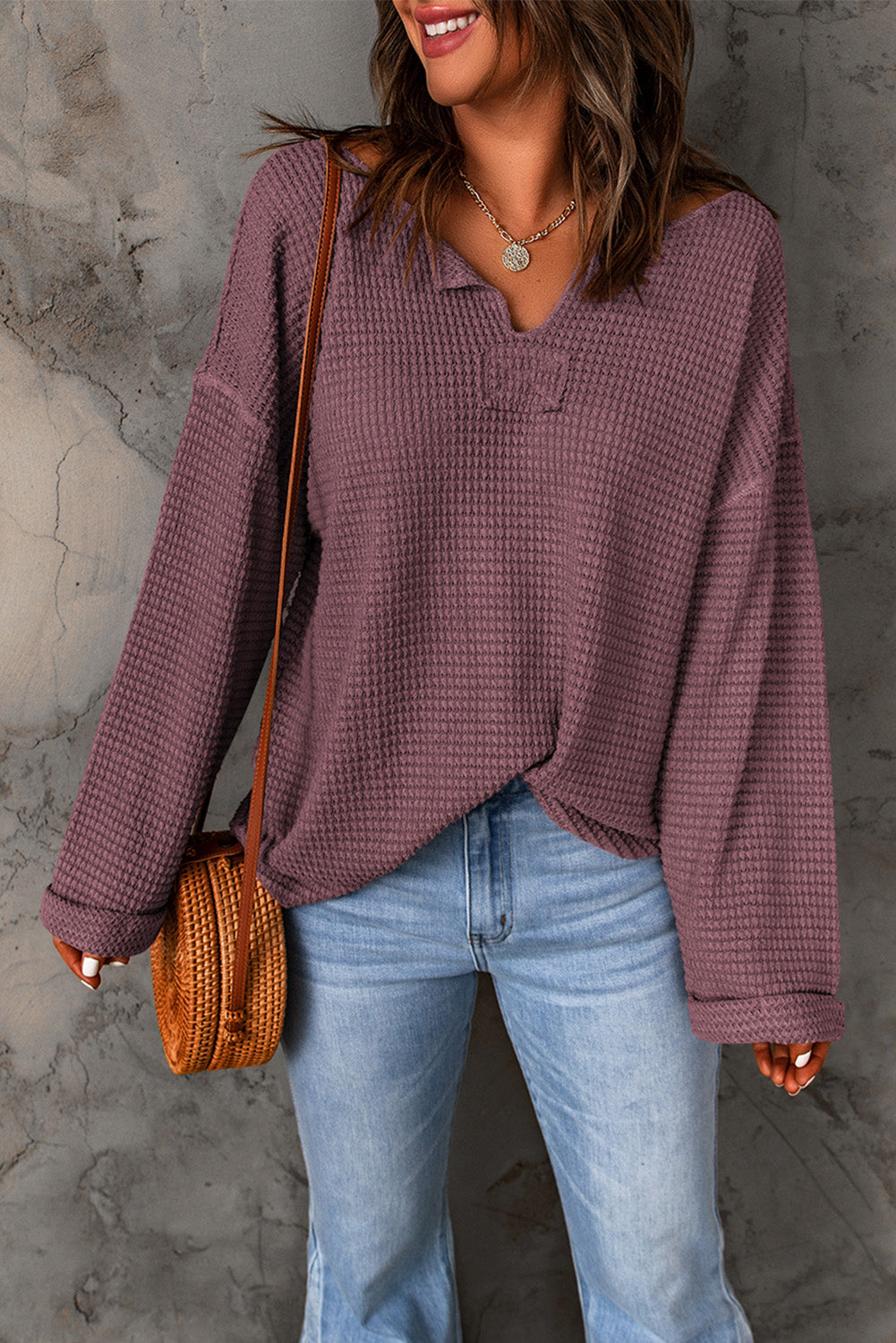 Evelyn Waffle Knit Loose Long Sleeve Top - Threaded Pear