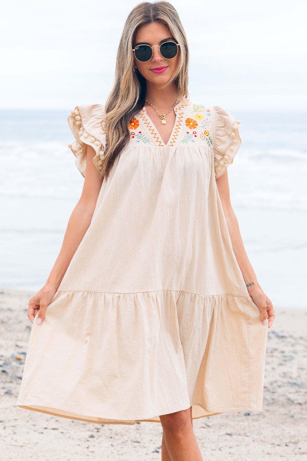 Meredith Embroidery Split Neck Short Dress - Threaded Pear