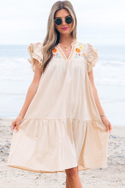 Meredith Embroidery Split Neck Short Dress - Threaded Pear