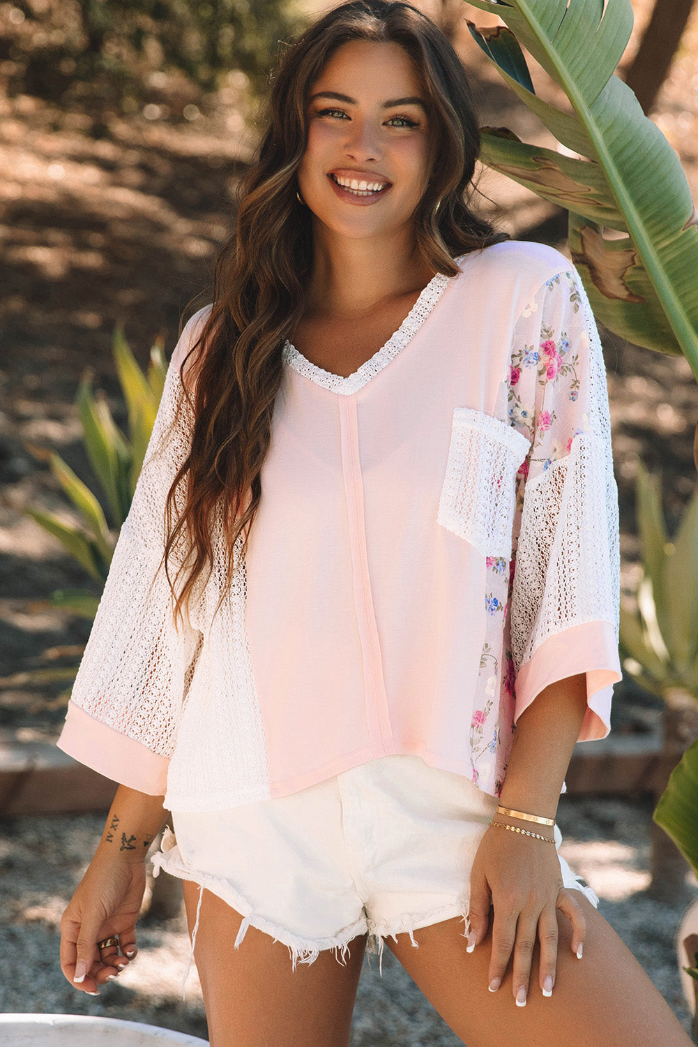 Aubree Floral Lace Crochet Patchwork Blouse - Threaded Pear