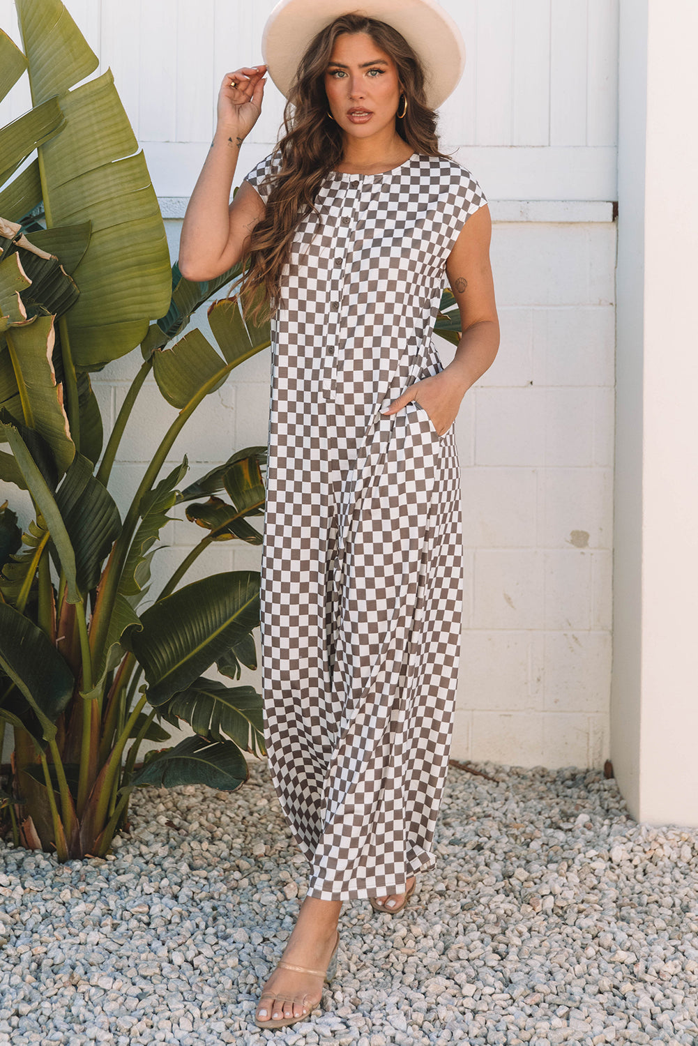 Paisley Checkered Buttoned Crew Neck Wide Leg Jumpsuit - Threaded Pear