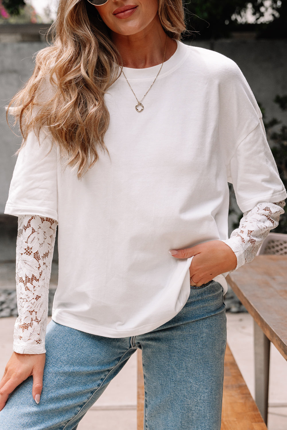 Hallie Lace Long Sleeve Insert Drop Shoulder Top - Threaded Pear