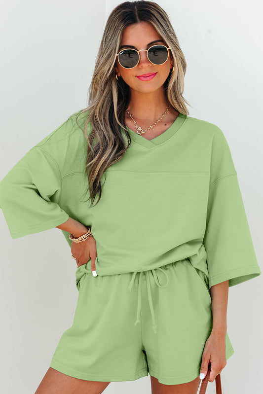 Emmeline Loose V Neck Half Sleeve Tee and Shorts - Threaded Pear