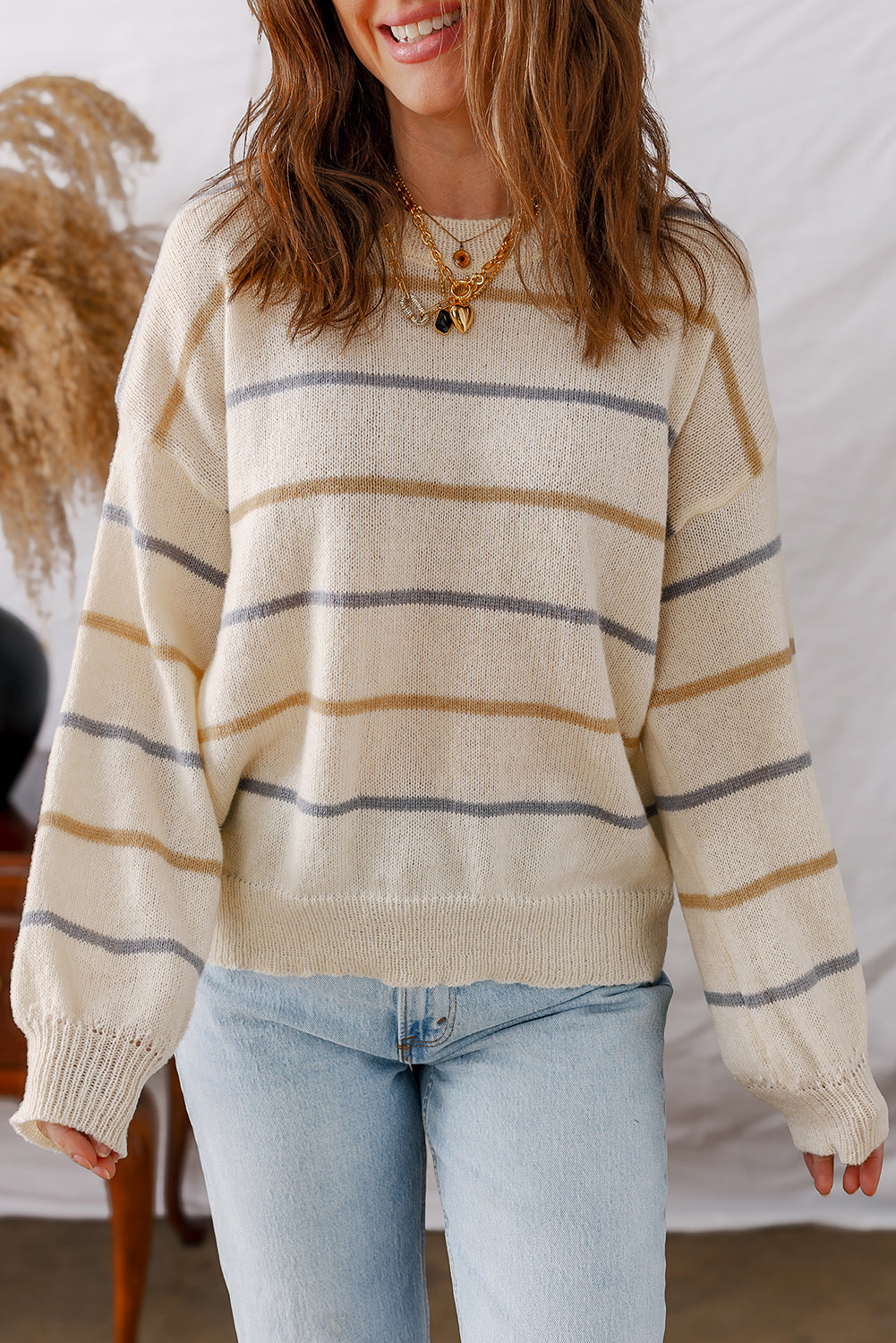 Eden Striped Ribbed Edge Drop Shoulder Sweater - Threaded Pear