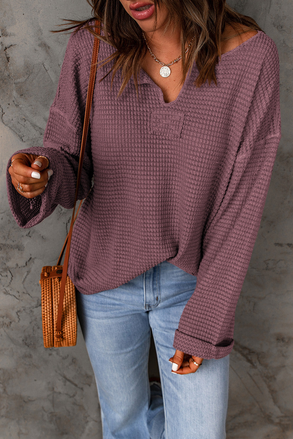Evelyn Waffle Knit Loose Long Sleeve Top - Threaded Pear