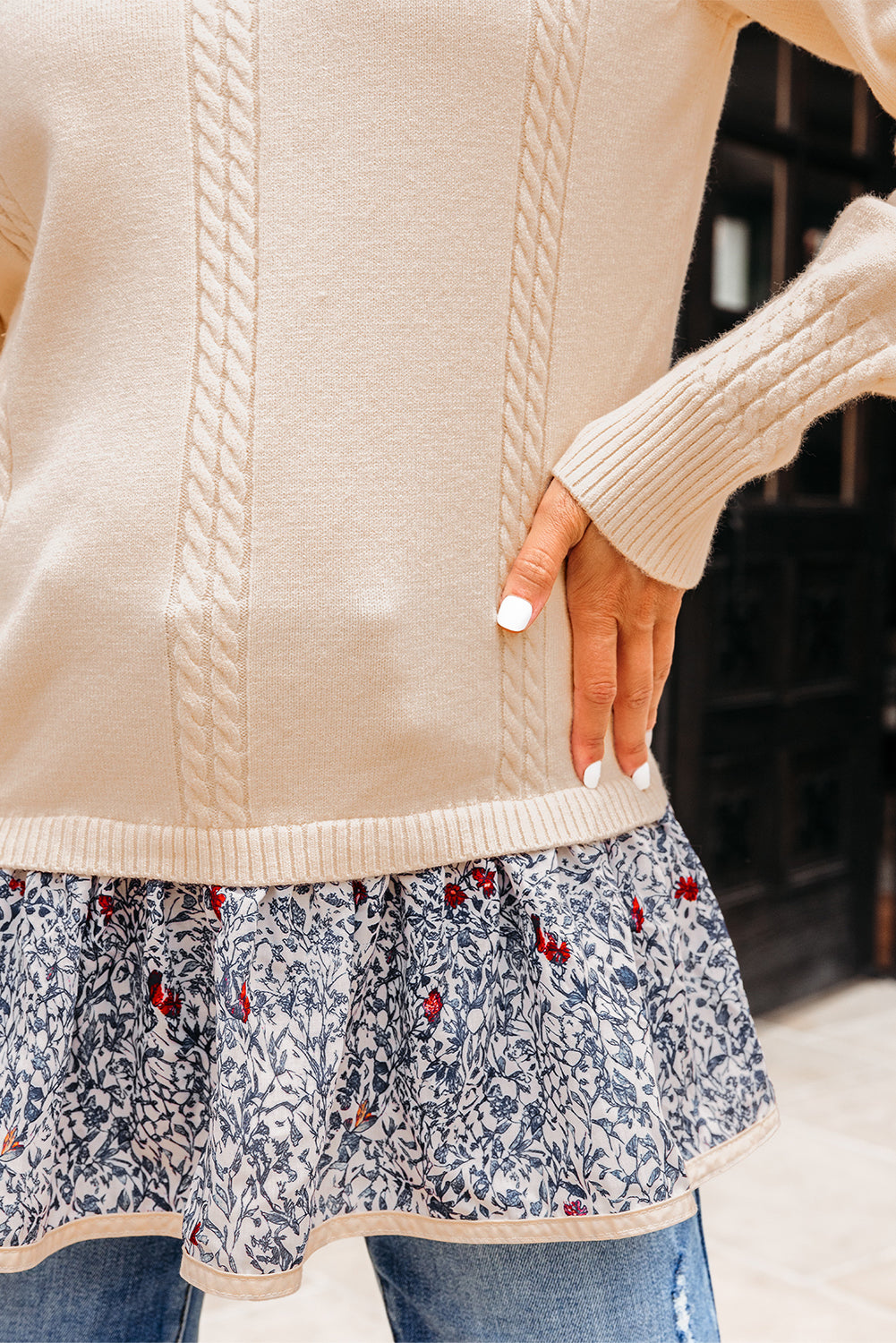 Mary Cable Texture Bohemian Ruffle Hem Sweater - Threaded Pear