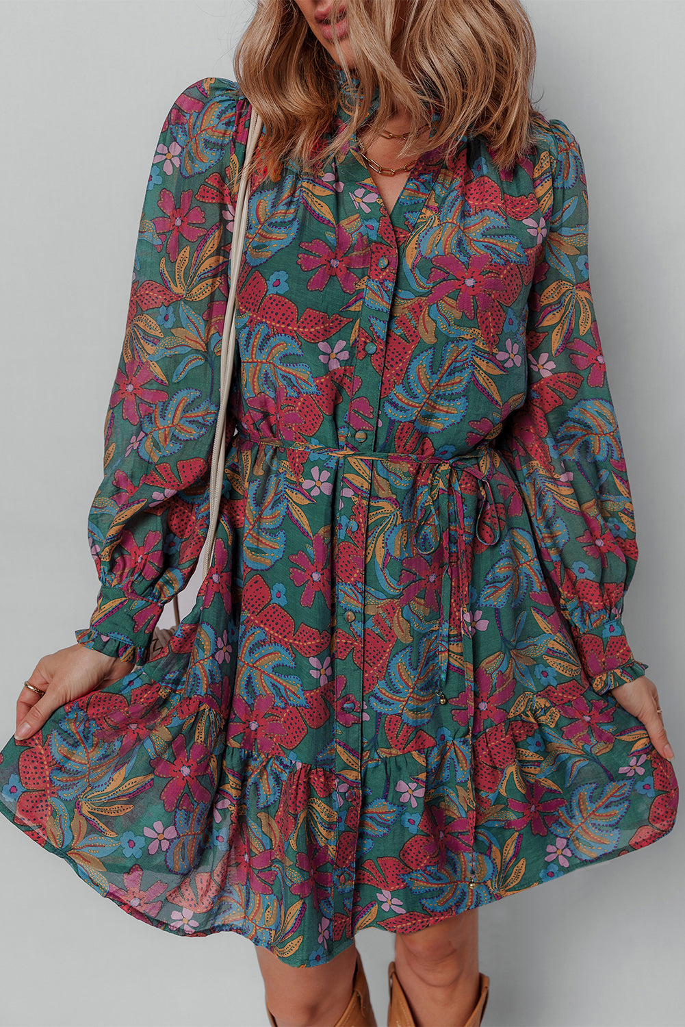 Maria Floral V Neck Puff Sleeve Dress - Threaded Pear