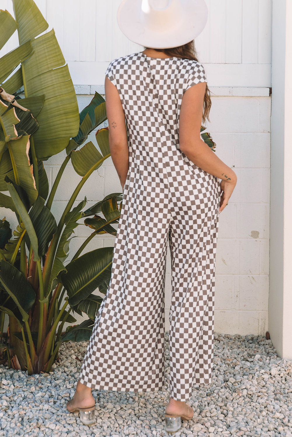 Paisley Checkered Buttoned Crew Neck Wide Leg Jumpsuit - Threaded Pear