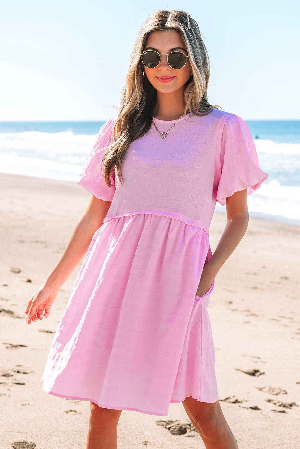 Winona Bubble Sleeve High Waist Mini Dress - Threaded Pear