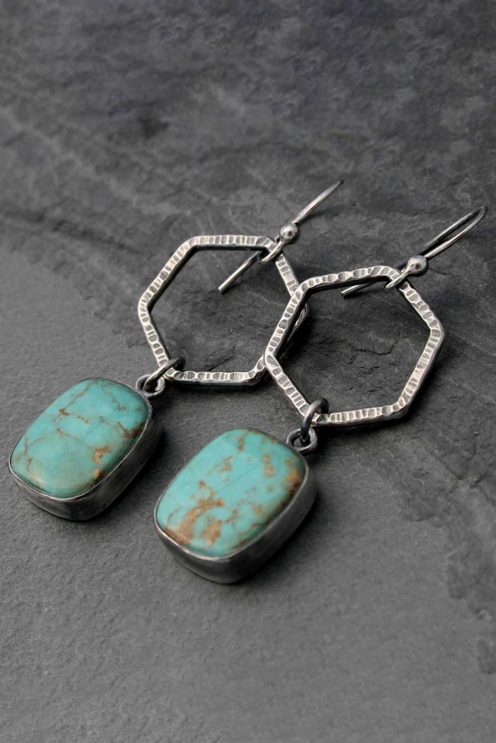 Vintage Turquoise Geometric Drop Earrings - Threaded Pear