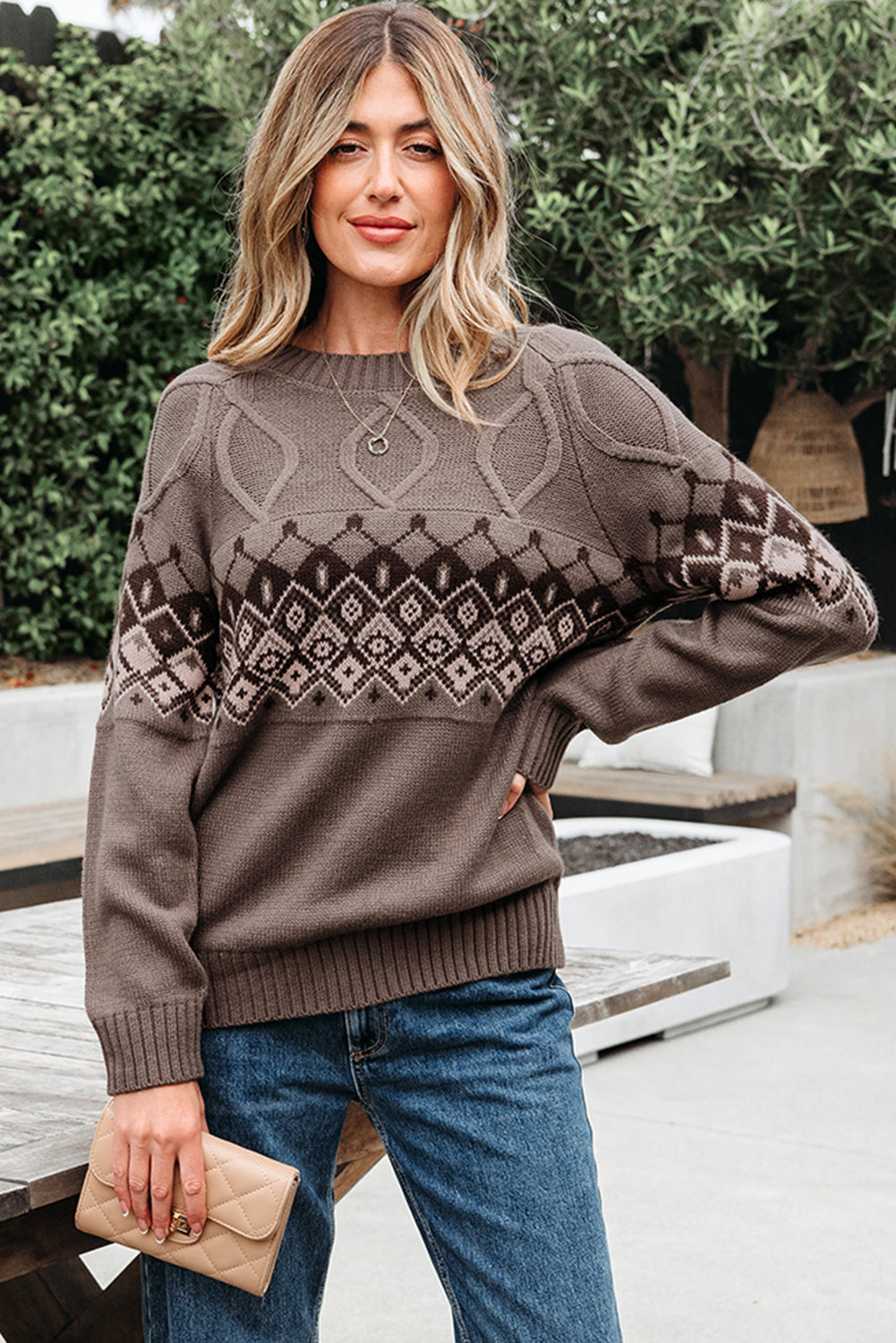 Alana Western Geometric Patterned Crew Neck Knitted Sweater - Threaded Pear