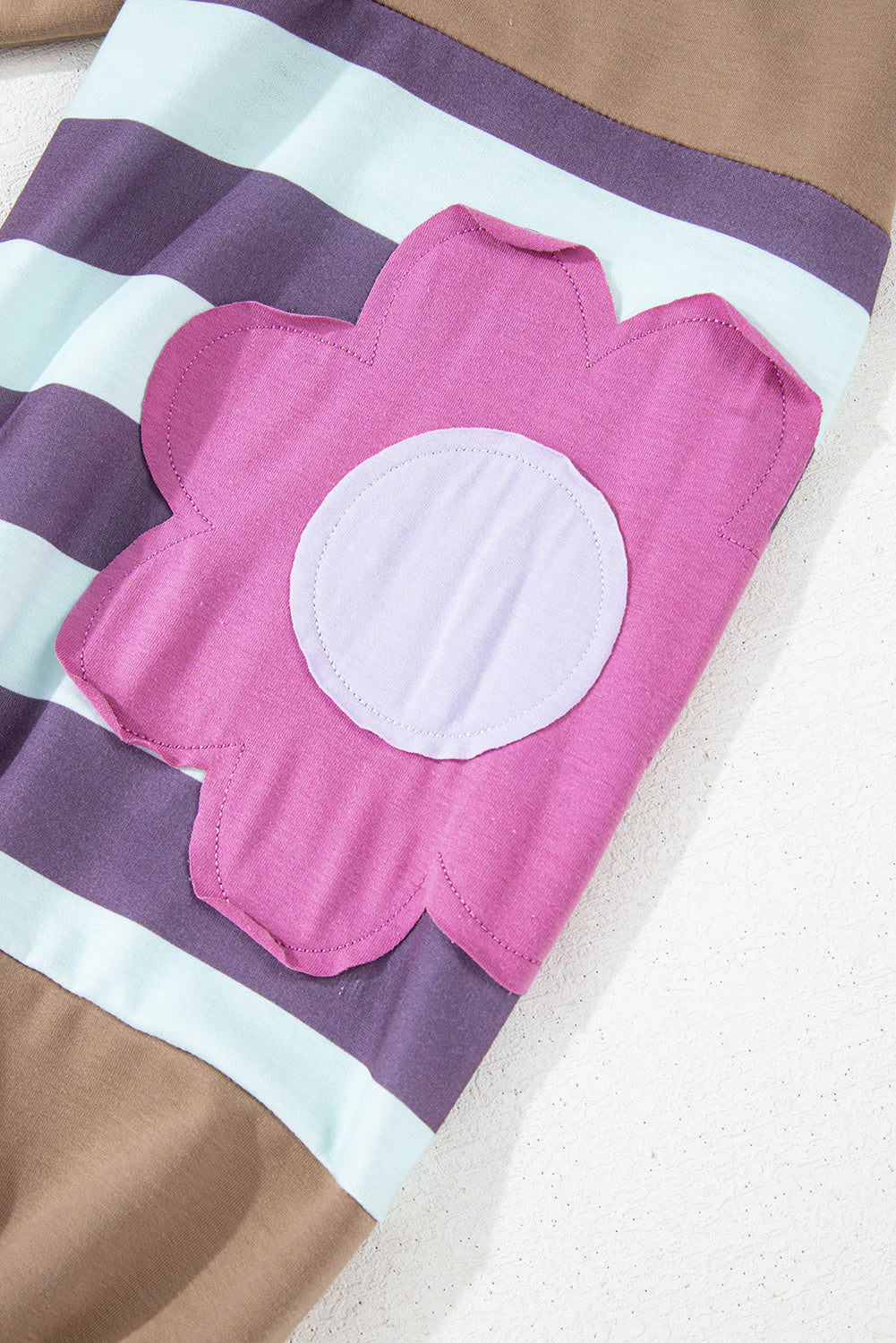 Light French Beige Flower Striped Patchwork Puff Sleeve Loose PLUS Sweatshirt - Threaded Pear