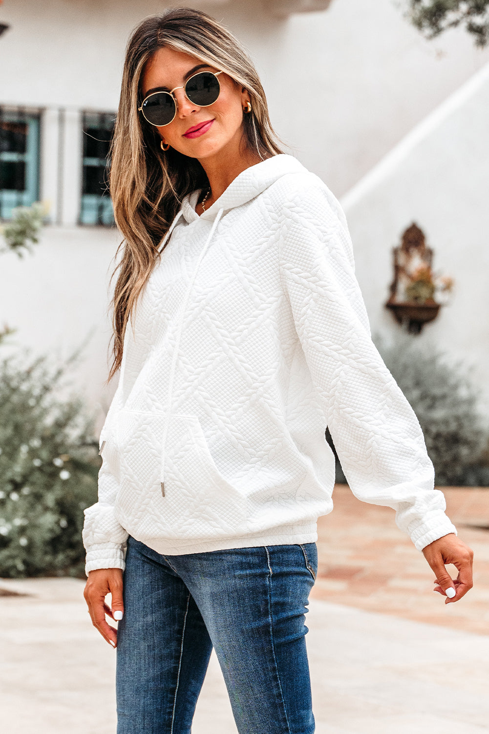 Magnolia Cable Lattice Texture Kangaroo Pocket Hoodie - Threaded Pear