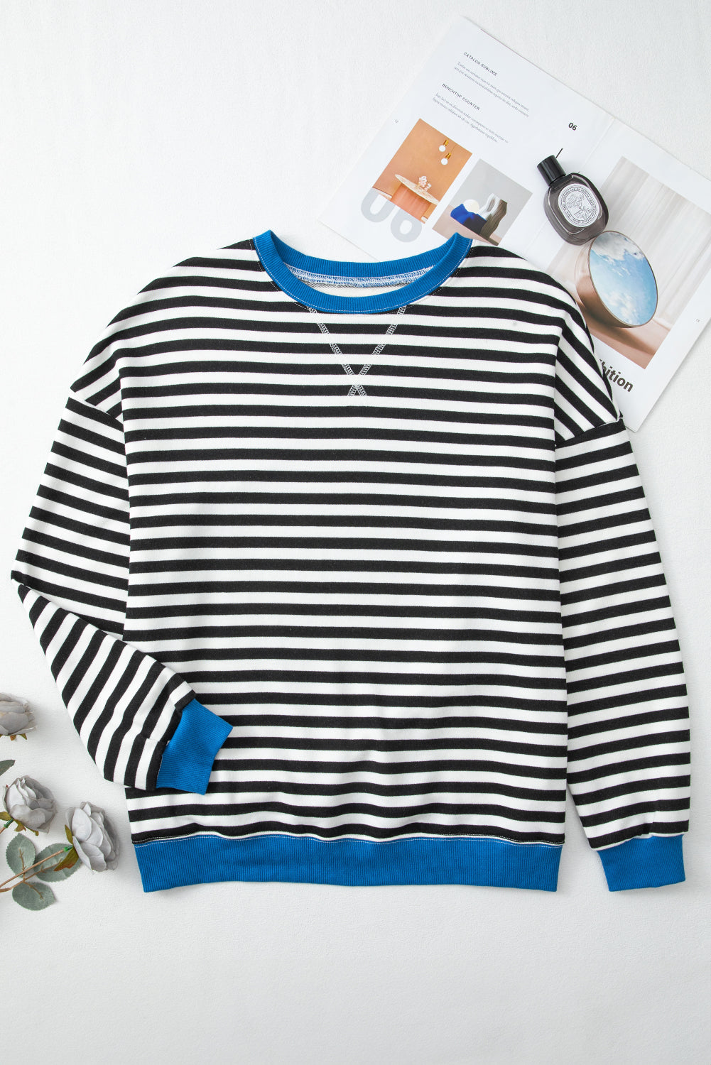 Elliana Stripe Crossed Stitch Drop Shoulder Sweatshirt - Threaded Pear