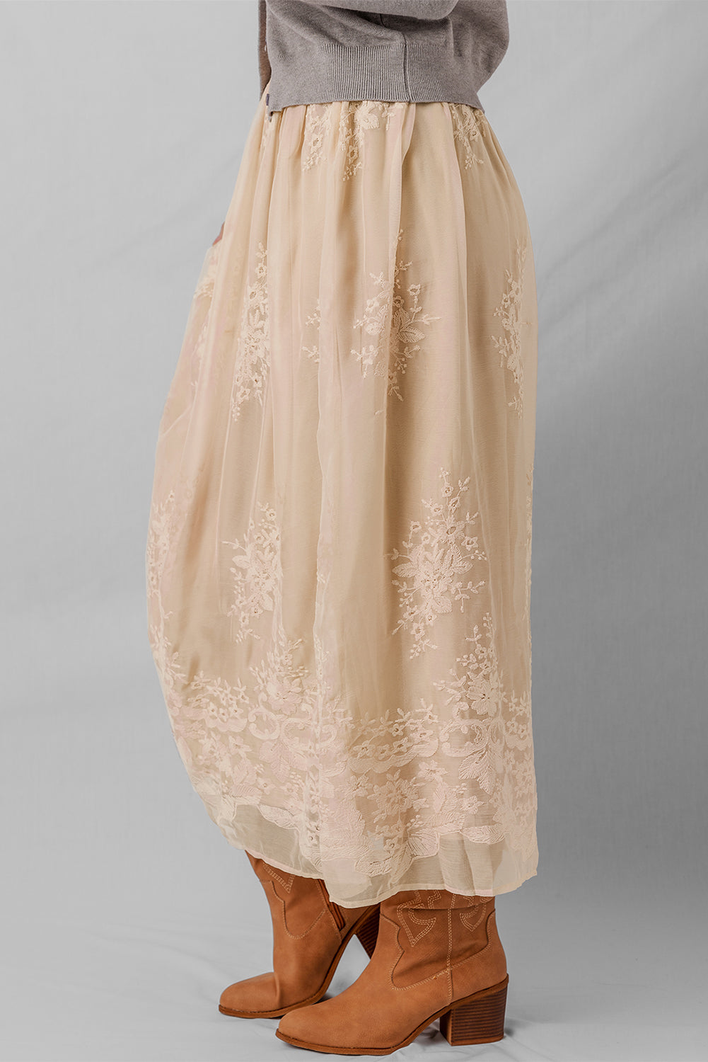 Vivienne Embroidered Mesh Overlay Long Skirt - Threaded Pear