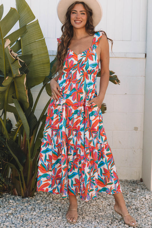 Alice Boho Floral Ruffled Strap Maxi Dress - Threaded Pear