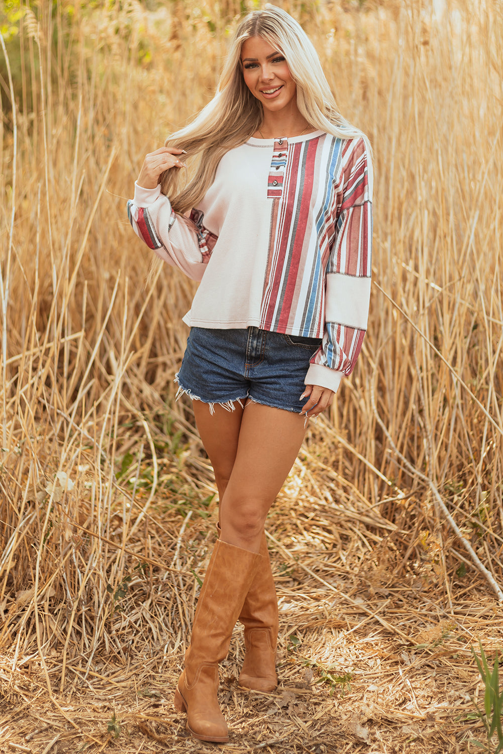 Elizabeth Striped Waffle Exposed Seam Casual Knit Top - Threaded Pear