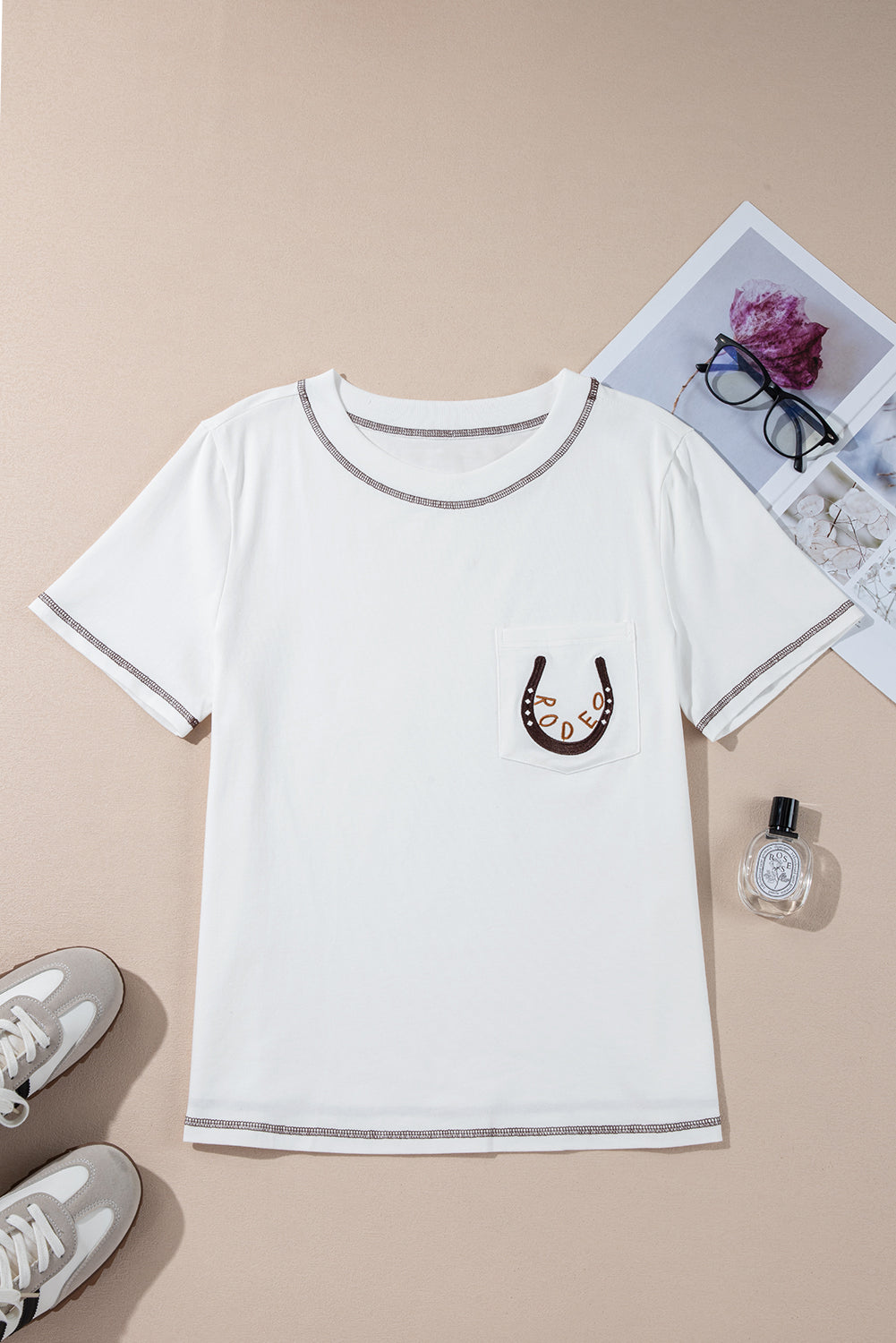 Horseshoe Embroidered Patch Pocket Tee - Threaded Pear