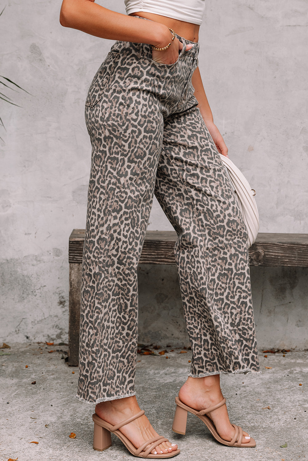 Brianna Leopard Frayed Edge Wide Leg High Waist Jeans - Threaded Pear