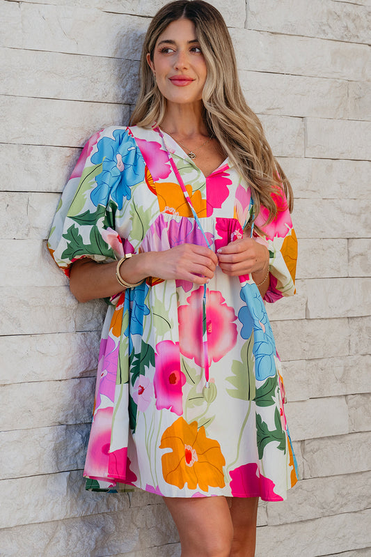 Iyla Floral Split Neck Babydoll Dress - Threaded Pear