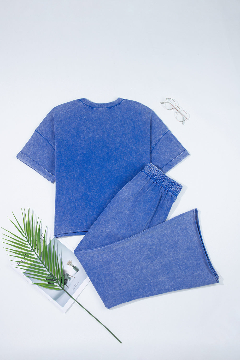 Arabella Acid Wash Star Patched Rolled Trim Pants Set - Threaded Pear