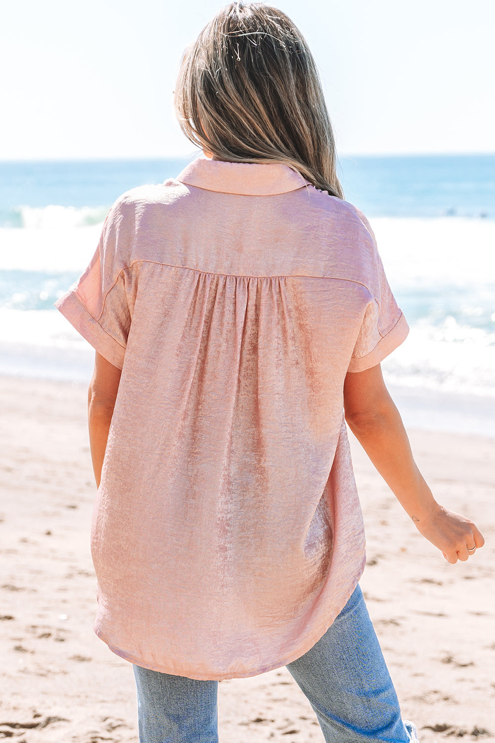 Kiana Metallic Buttoned Loose Fit Short Sleeve Shirt - Threaded Pear