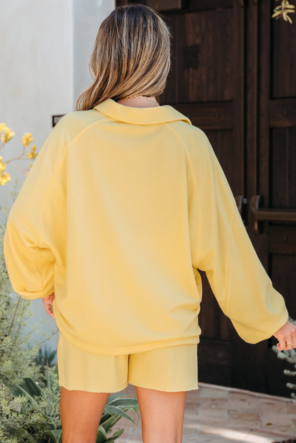 Kylie Button Collar Drop Shoulder Pullover and Shorts 2pcs Outfit - Threaded Pear