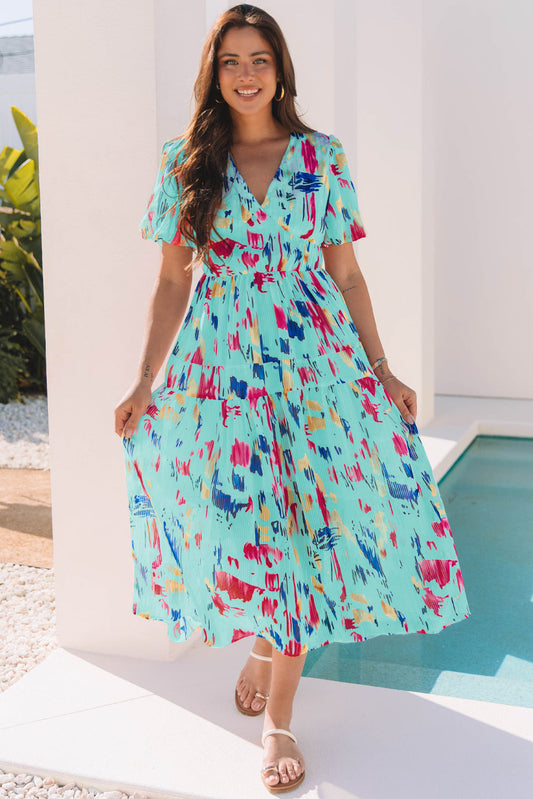 Roselyn Abstract Short Puff Sleeve Tiered Maxi Dress - Threaded Pear