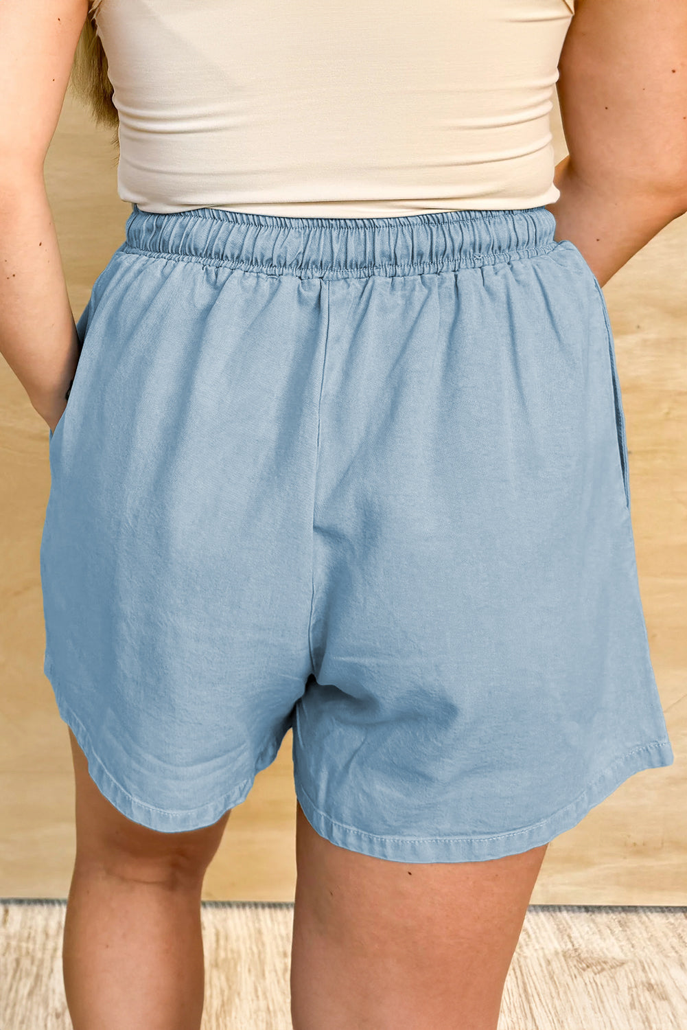 Beau Blue Washed Chambray Drawstring Elastic Waist Plus Size Shorts - Threaded Pear