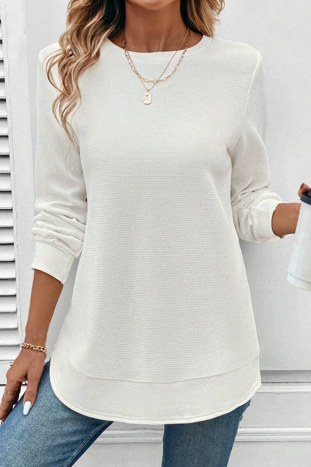 Allison Waffle Long Sleeve Top - Threaded Pear