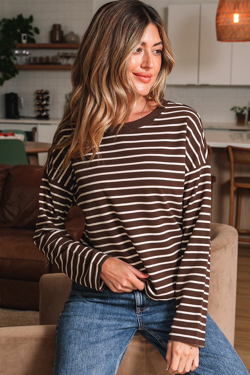 Ember Stripe Ribbed Cropped Crew Neck Top - Threaded Pear