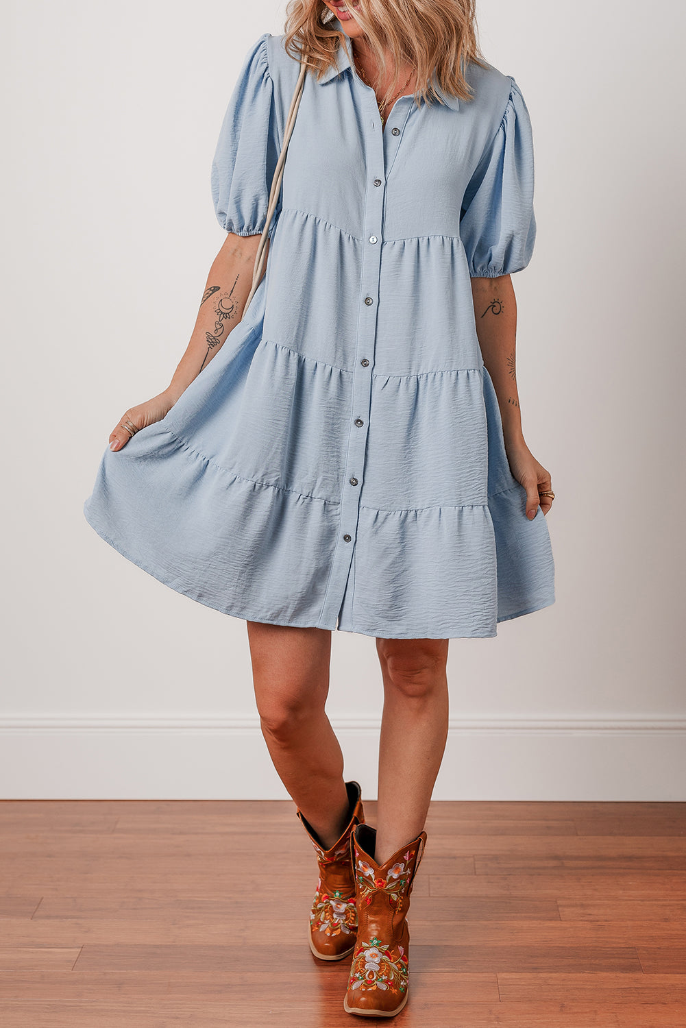 Arya Shirt Collar Button Up Puff Sleeve Tiered Dress - Threaded Pear