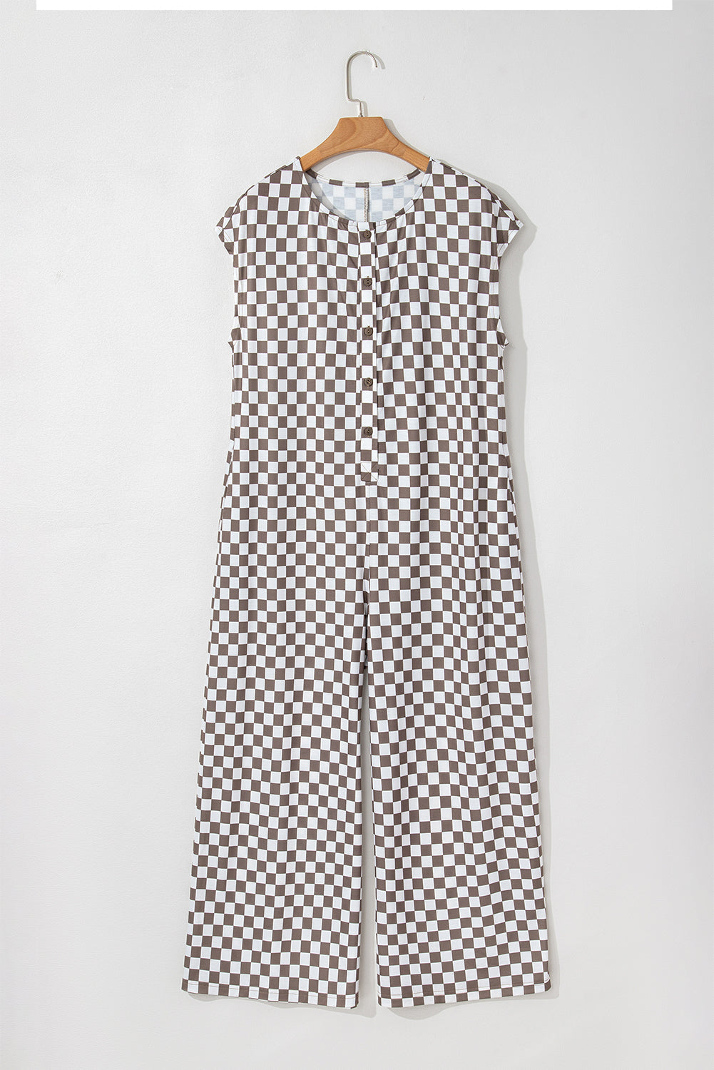 Paisley Checkered Buttoned Crew Neck Wide Leg Jumpsuit - Threaded Pear