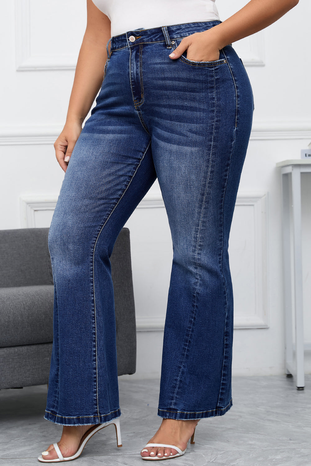 Aila Dark Blue Plus Size Stitching Flare Jeans - Threaded Pear