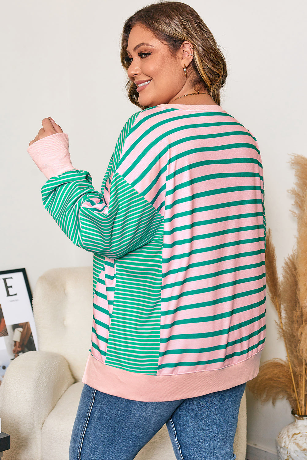 Green Stripe Color Block Exposed Seam Side Slit Plus Size Sweatshirt - Threaded Pear