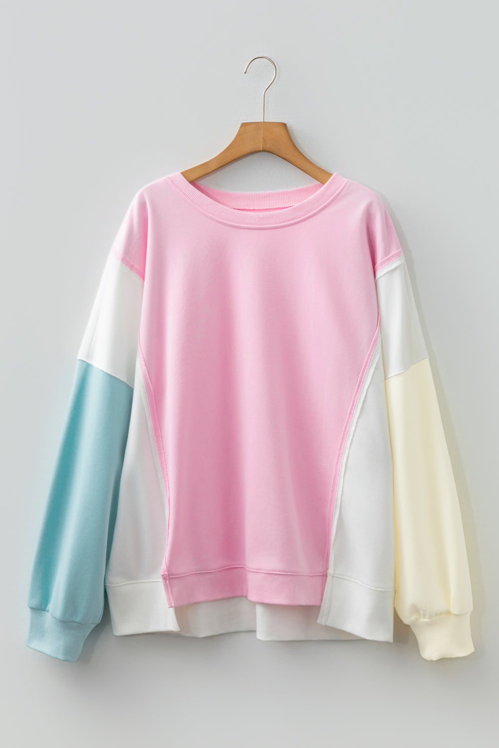 Pink Colorblock Patchwork Drop Shoulder Plus Size Sweatshirt - Threaded Pear