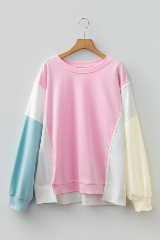 Pink Colorblock Patchwork Drop Shoulder Plus Size Sweatshirt - Threaded Pear