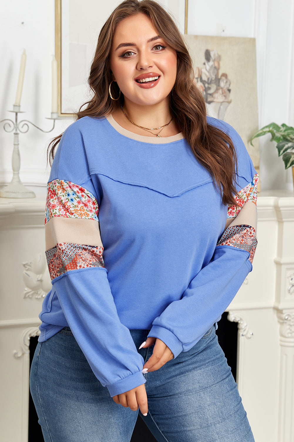 Khaki Exposed Seam Floral Mixed Patchwork Relaxed Plus Size Top - Threaded Pear