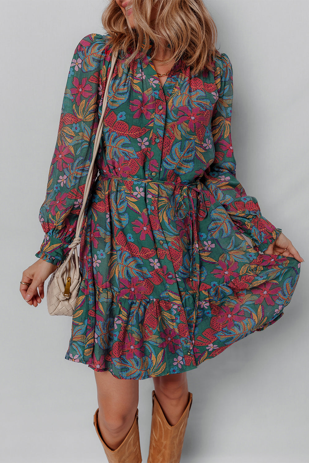 Maria Floral V Neck Puff Sleeve Dress - Threaded Pear