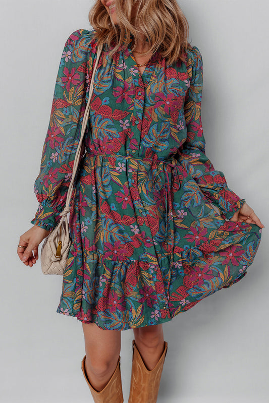Maria Floral V Neck Puff Sleeve Dress - Threaded Pear